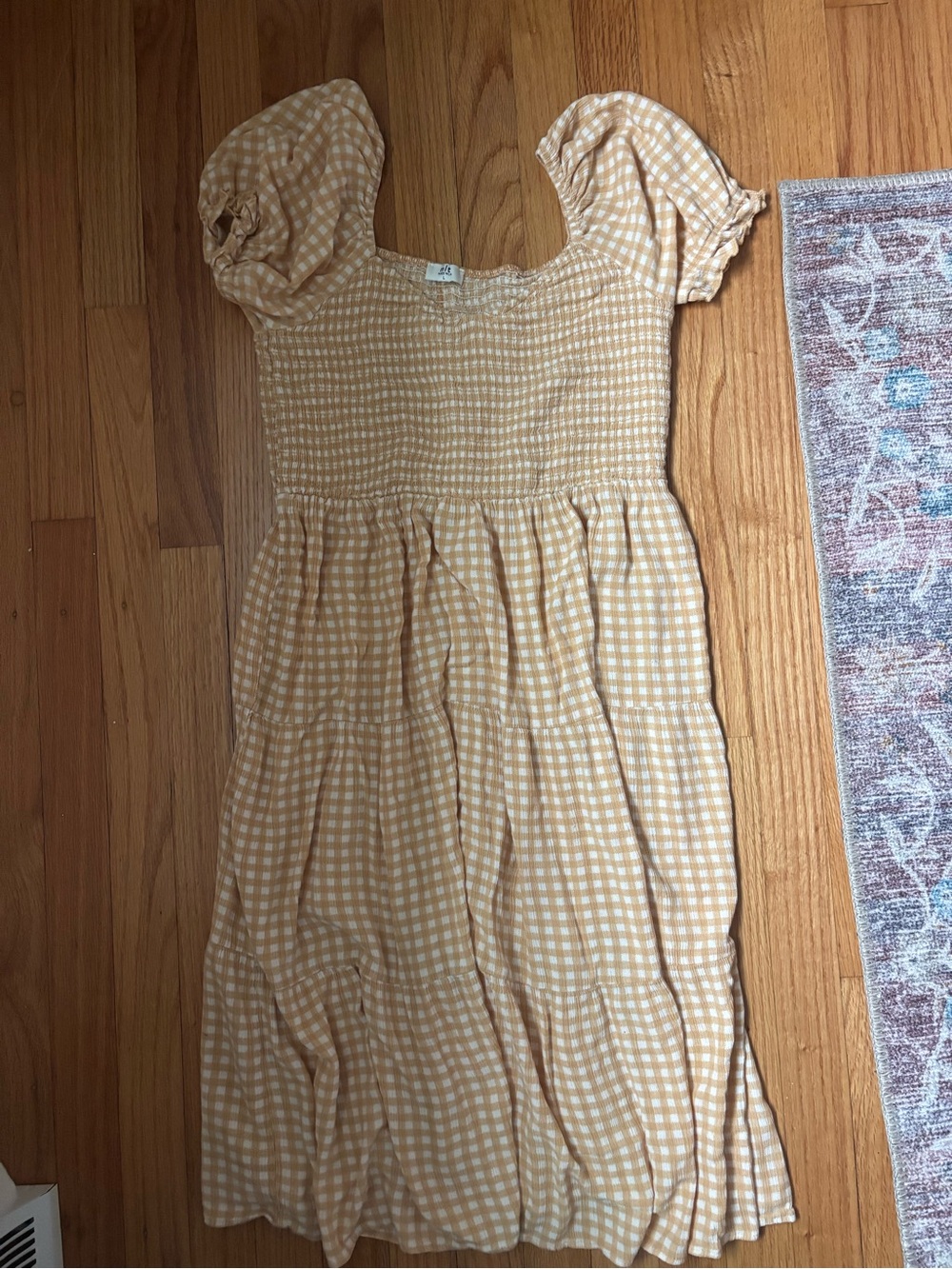 Smocked Gingham Midi Dress in Light Mustard